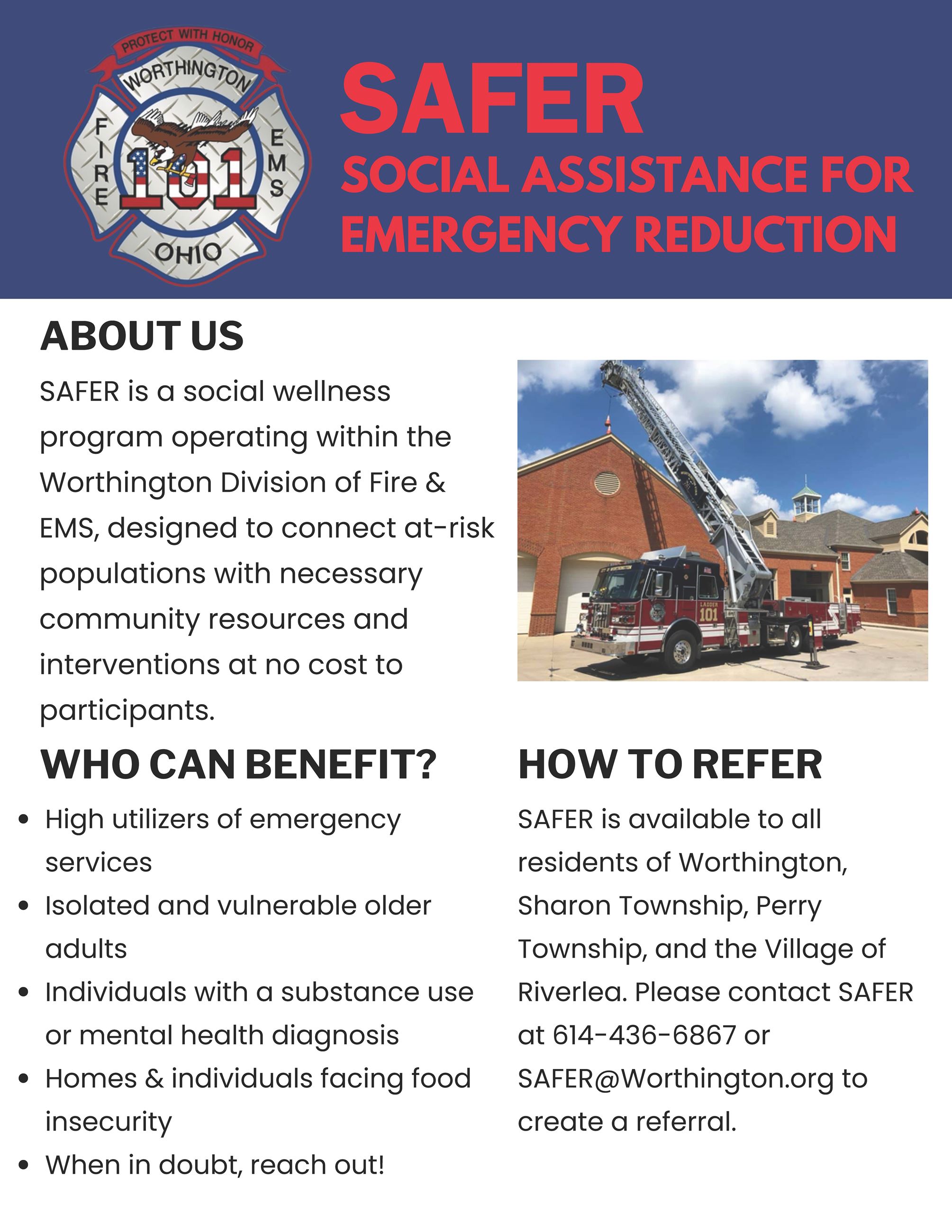 Program flyer for Worthington Fire & EMS's S.A.F.E.R. program
