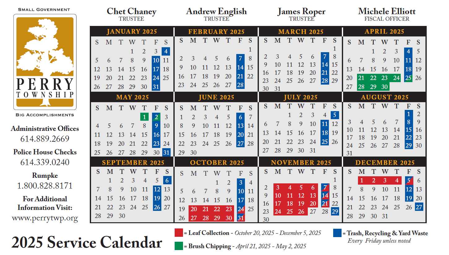 Perry Township, Franklin County, 2025 magnetic service calendar